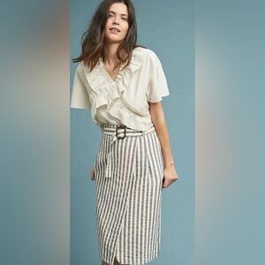 Anthropologie Womens 12R Striped Wrap Straight Pencil Skirt Midi Pockets